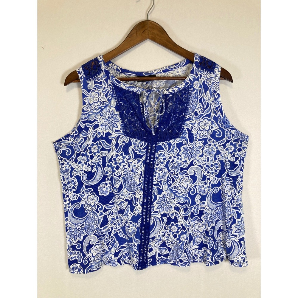Boho Floral Rafaella Women XL Blue White Lace Trim Sleeveless Cotton Top Tank